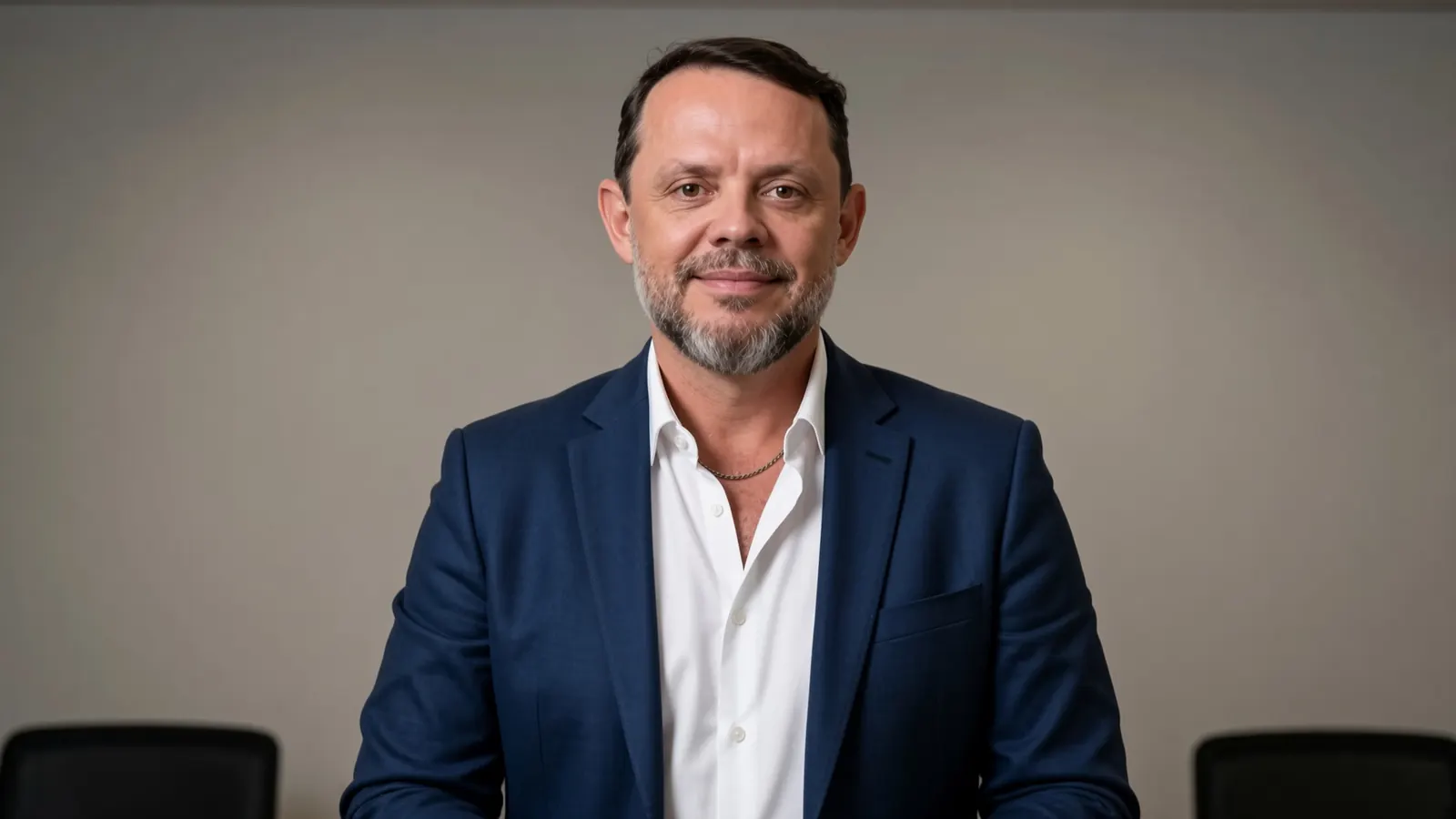 Hugo Garcia de terno azul-marinho e camisa branca, retrato em ambiente de reunião